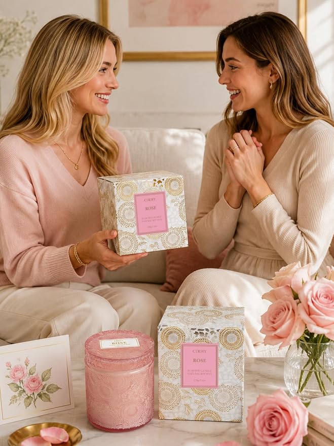 Cirhy Rose Scented Candle, Pink Candle for Women – Natural Soy Wax, Dual Cotton Wicks, 50-Hour Long Burning, Perfect Birthday, Christmas & Holiday Gift for Her, Home Fragrance 7.4 oz