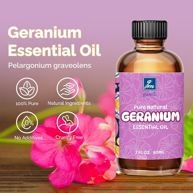 GM Gumili Geranium Essential Oil 2 Oz, Pure Geranium Oil for Skin, Hair, Diffuser, DIY Projects