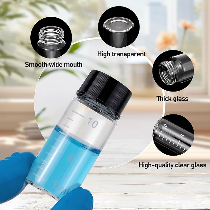 Kesell 50pcs Clear Glass Vials with Black Screw Caps, 10ml Empty Vials Bottles for Essential Oil