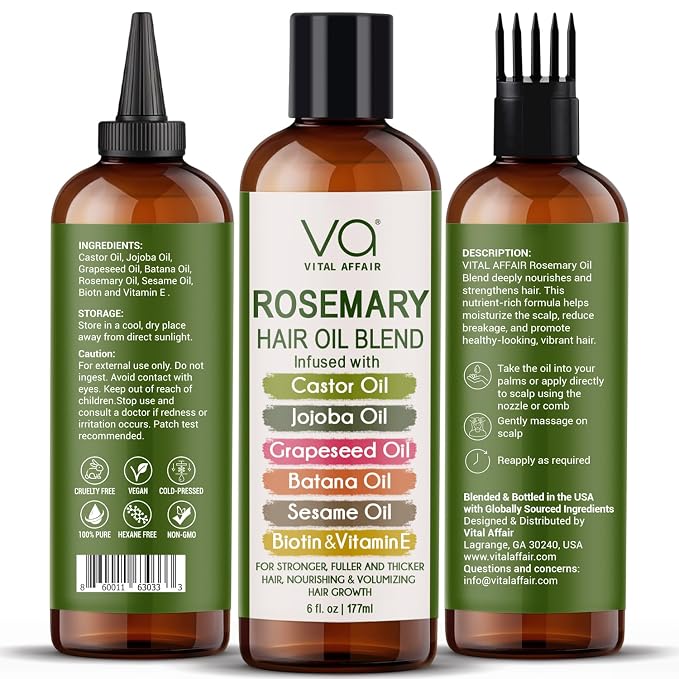 Blend Of Pure Rosemary Oil For Hair Growth With Castor, Batana, Jojoba Oil-Infused With Biotin & Vitamin E-Blend of Effective Hair Oils for Hair Growth-Strengthening Treatment-By Vital Affair-6 Fl Oz