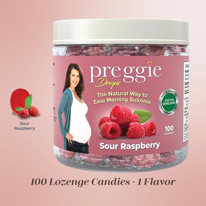 Three Lollies Preggie Drops Plus Pregnancy Nausea Relief Drops with Vitamin B6 and Essential Oils, Morning Sickness and Queasy Stomach Support for Pregnant Women, Sour Raspberry, 100 Count
