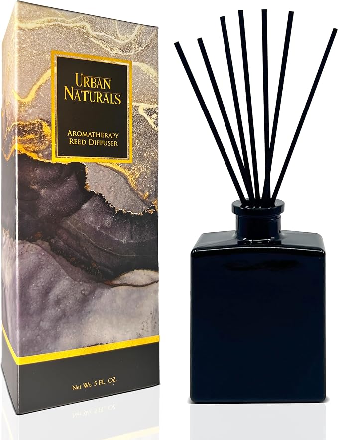 Urban Naturals Smoked Vanilla Reed Diffuser Set with Vanilla Bean, Sandalwood & Leather – 5 Ounce Sleek Black Rectangular Refillable Glass Bottle – Made in the USA