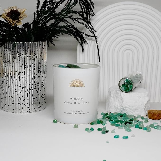 Amazonite Crystal Candle – 10oz / 280g Fig Tree & Sandy Sea Aromatherapy Hand-Poured Soy Wax Genuine Amazonite Healing Crystals Embedded Cleansing, Health & Calming Gift Box Included
