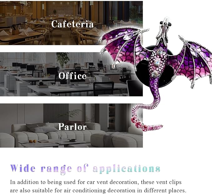 2PCS Bling Wyvern Car Air Freshener Vent Clips, Alloy Enamel Dragon Auto Outlet Clips with Fragrance Tablets, Refillable Cute Flying Dragon Crystal Vent Clip Aroma Diffuser (Purple)