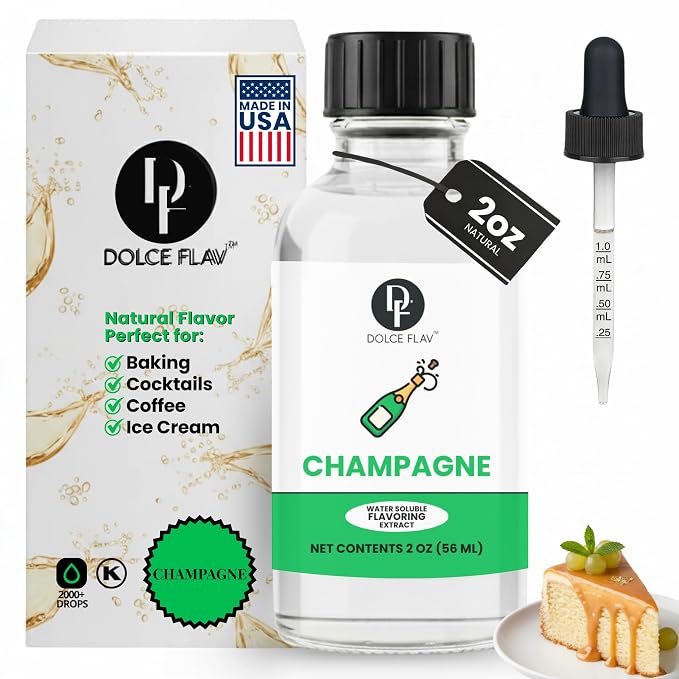 Dolce Flav Natural Champagne Extract – Concentrated Flavoring for Baking, Beverages & Candy Making – Water Soluble Liquid Flavor Drops – Professional Strength Food Grade Flavoring – 2 Fl Oz