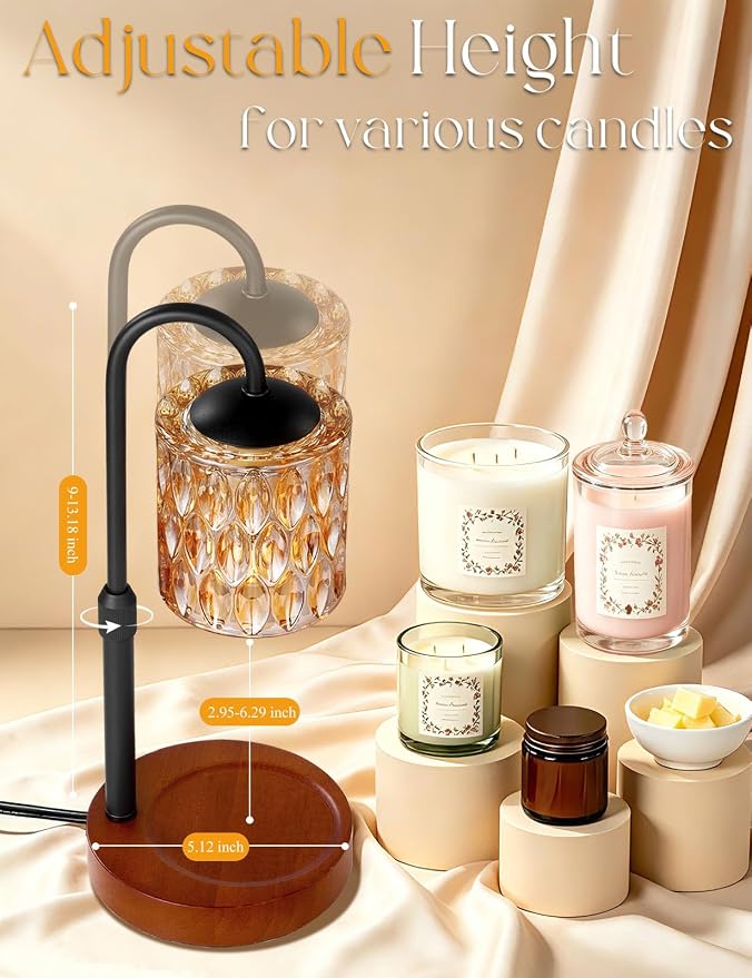 Briever Dimmable Candle Warmer Lamp with Timer, Height Adjustable Electric Candle Wax Warmer, Birthday Gifts for Women Mom, House Warming Gifts New Home Decor, Solid Wood Base, Walnut Champagne