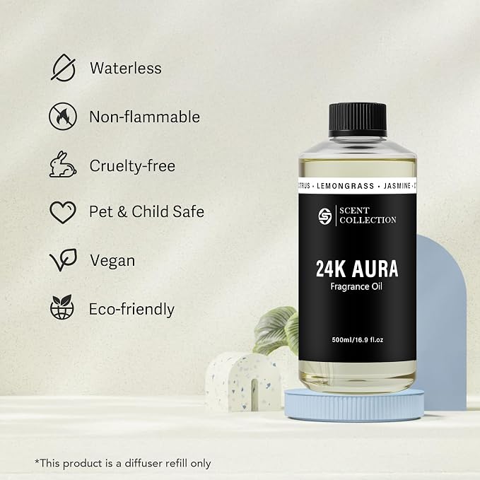 Luxury Hotel Scent Diffuser Oil 24K Aura 500ml Lemongrass Fragrance for Home, Long Lasting Waterless Aroma Oil Refill for Cold Air & Car Diffusers, Large Room Home Fragrance