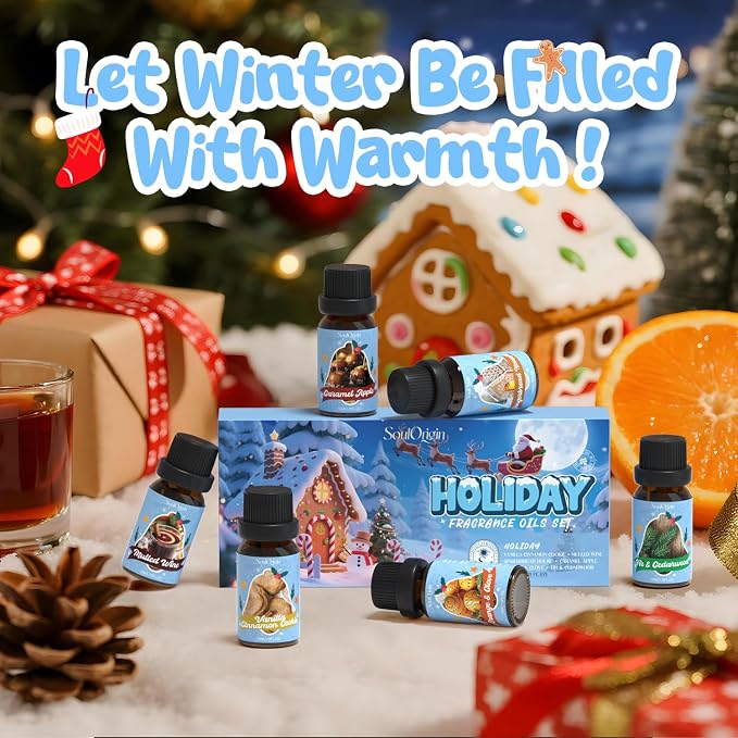 Soulorigin Holiday Essential Oils Set, Fragrance Oil Set for Diffuser, Scent Diffuser Oil for Candle Making-Vanilla Cinnamon Cookies, Caramel Apples, Gingerbread, Fir Cedar, Orange Cloves, Mulled Wine