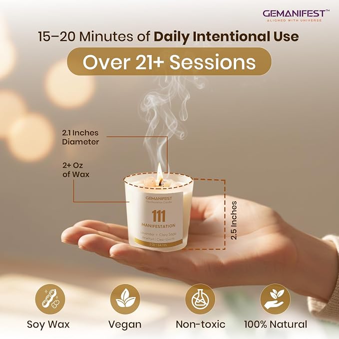 Angel Number 111 Manifestation Candle Crystal Infused Soy Wax with Amethyst & Clear Quartz Lavender & Clary Sage Scented Spiritual Gift for Meditation Affirmation and Energy Alignment