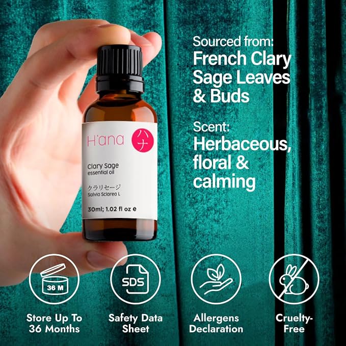 H'ana Clary Sage Oil - 1.02 Fl Oz Clary Sage Essential Oil for Hair, Skin, Diffuser, Aromatherapy & DIY