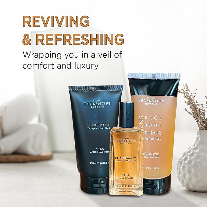 Pecksniff's Fragrance Gift Sets Luxurious, Handcrafted in England (Men's Charismatic Trio: Eau de Toilette, Aftershave Balm, Cleansing Gel Set)
