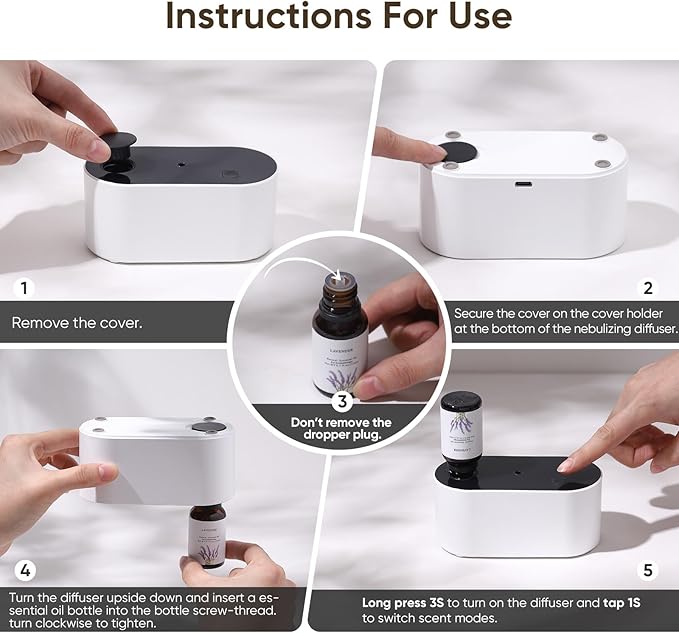 Lecdura Waterless Diffuser for Essential Oil, Battery Operated Scent Air Aromatherapy Diffuser, Mini Aroma Diffusers with 3 Intermittent Mist Modes, Cycle Start for 400-700 sq.ft Home Office Bedroom.