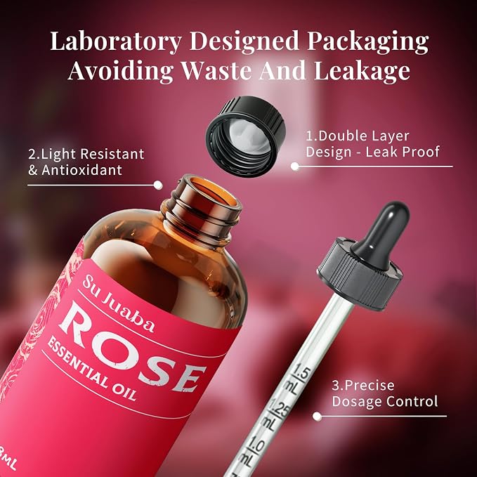 SU JUABA Rose Essential Oil 4 Fl Oz, Rose Oil for Face, Skin, Hair, Diffuser, Aromatherapy -118ml