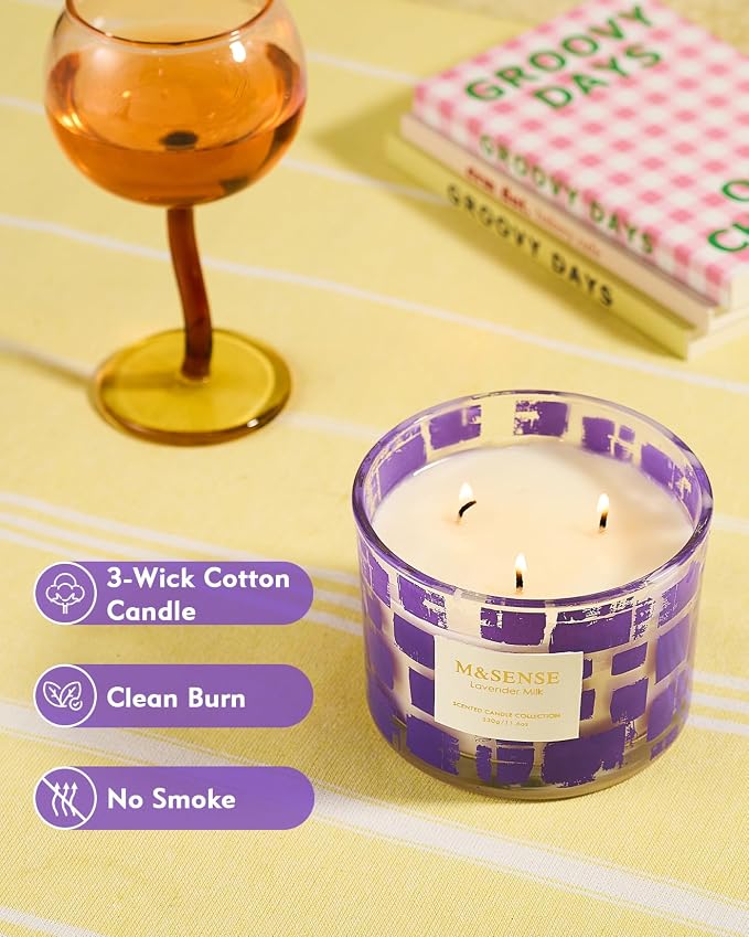 M&SENSE 3 Wick Lavender Milk Scented Candle,11.6oz Natural Soy Wax Non Toxic for Home, Up to 60 Hours Burn time,Fall Decorations for Home,Stress Relief Candles for Women/Men