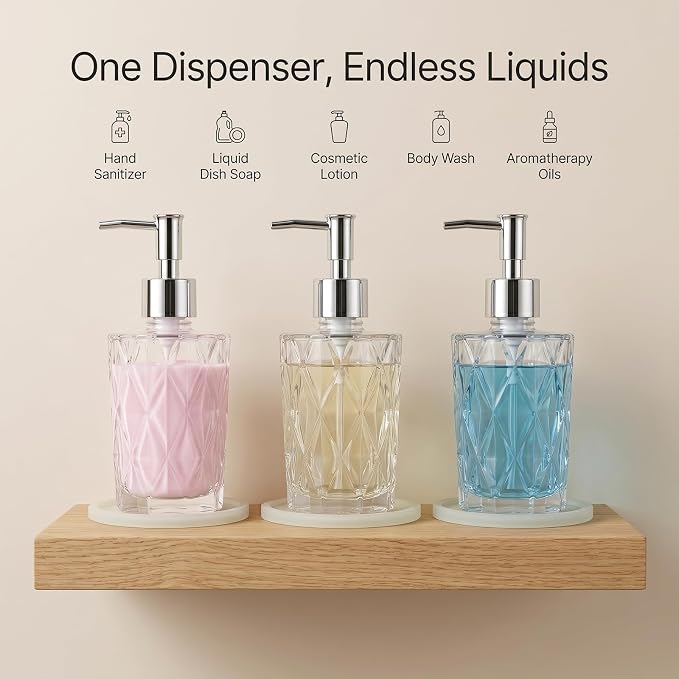 Diamond Design Glass Soap Dispenser with Stainless Steel Pump, Modern Kitchen Soap Dispenser with Luminous Coaster for Countertop Hand Soap, Bathroom Liquid Lotion & Dish Soap 6.8 Oz, Clear