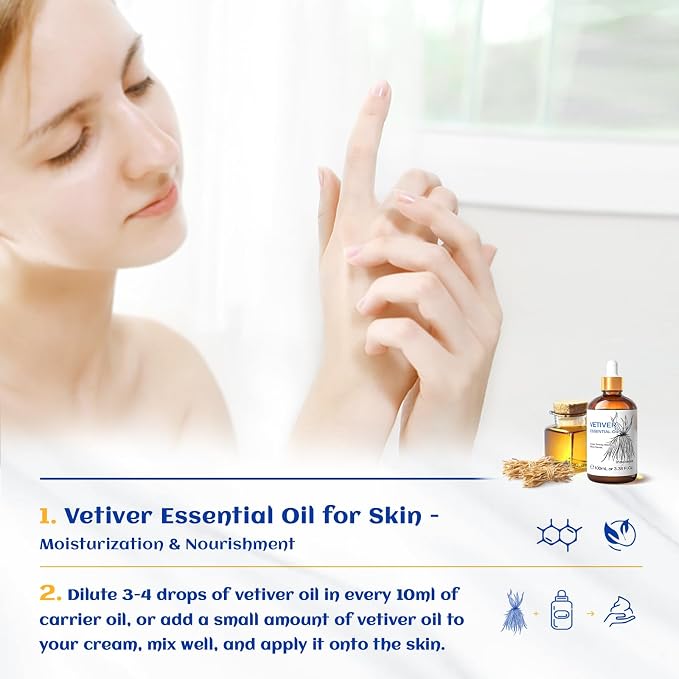 HIQILI 100ML Vetiver Essential Oil, for Diffuser Calm and Relation- 3.38 Fl Oz