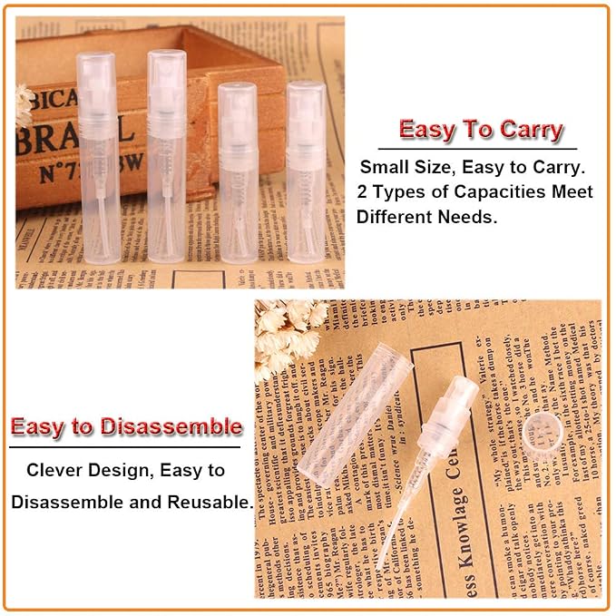 20 Pcs Mini Clear Plastic Spray Bottle Set (2ml, 3ml), With 20 Plastic Transfer Pipettes and 10 Funnels, Refillable Empty Travel Bottle Kit for Perfume, Essential Oils, Travel (50PCS)