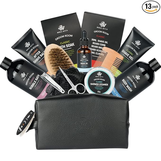 14 Pcs Bath & Body Gift Set for Men, Father's Day Gifts, Beard Grooming, Home Spa & Self Care Gift Basket, Shave Gel, Leather Bag, Christmas, Birthday, Anniversary, Dad, Husband, Boyfriend