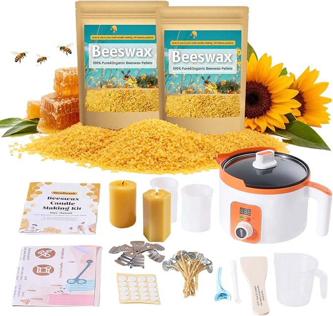 Beeswax Candle Making Kit, 2LB (32oz) Organic Beeswax for Candle Making with Electric Wax Melter, Bees wax Pellets for Lip Balm, Lotion, Furniture Polishing & Soap Making Ideal for Home Craft