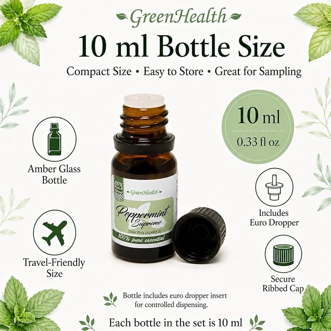 GreenHealth Top 6 Essential Oil Gift Set – 100% Pure Therapeutic Grade – Lavender, Tea Tree, Eucalyptus, Lemongrass, Sweet Orange, Peppermint – Aromatherapy & Diffuser Oils 6x10ml