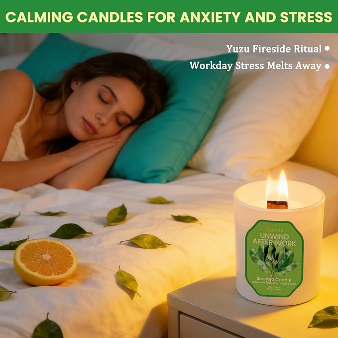 Crackling Wood Wick Candle - Soy Wax, Yuzu Citrus Scented, Non Toxic, Clean Burn for Home Office, Long Lasting for Small to Medium Rooms, Stress Relief