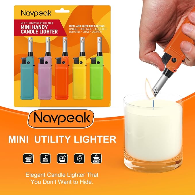 Mini Candle Lighter Multipurpose Lighter Utility Lighters with Extended Wand Handy Refillable for Kitchen Fireplace Pilot Light DIY BBQ Grill Stove 5 Pack (Butane Included)