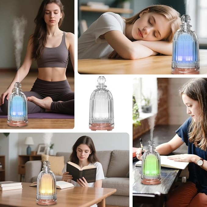 120ml Glass Essential Oil Diffuser, Ultrasonic Aroma Diffuser Glass Cover & Plastic Reservoir with Auto Shut-Off 7 Colors LED Lights for Home Office Bedroom(Bronze Base)