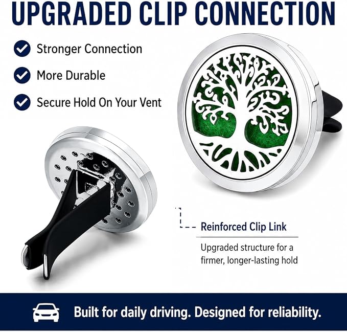 2PCS 30mm Car Aromatherapy Essential Oil Diffuser Stainless Steel Locket with Vent Clip 30 Felt Pads Tree of Life Pattern (Silverly)