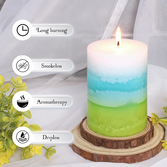 Mint Scented Pillar Candles - 3X4 Inch Aromatherapy Long Burning 35+ Hours, Clean Burning & Smoke-Free for Meditation Spaces, Home Offices