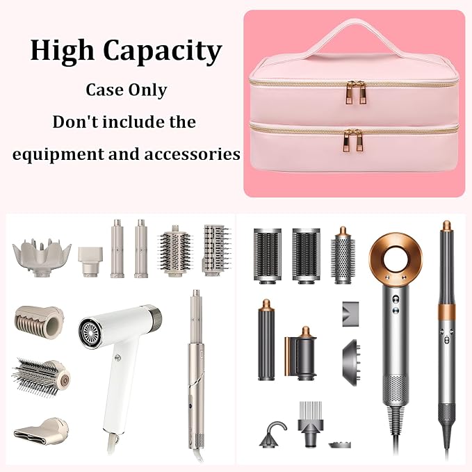 Travel Carrying Case for Shark Flex Style, Double Layer Storage Case for Shark SpeedStyle Hair Dryer Attachments, Waterproof PU Leather Organizer Bag for Shark Flexstyle Airwrap Styler (Pink)