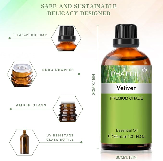 Vetiver Essential Oil, 1.01Fl.Oz (30ML) PHATOIL Pure Essential Oil Singles for Aromatherapy Diffusers, Humidifiers, Great for DIY Candle and Soap Making, Gift for Friend