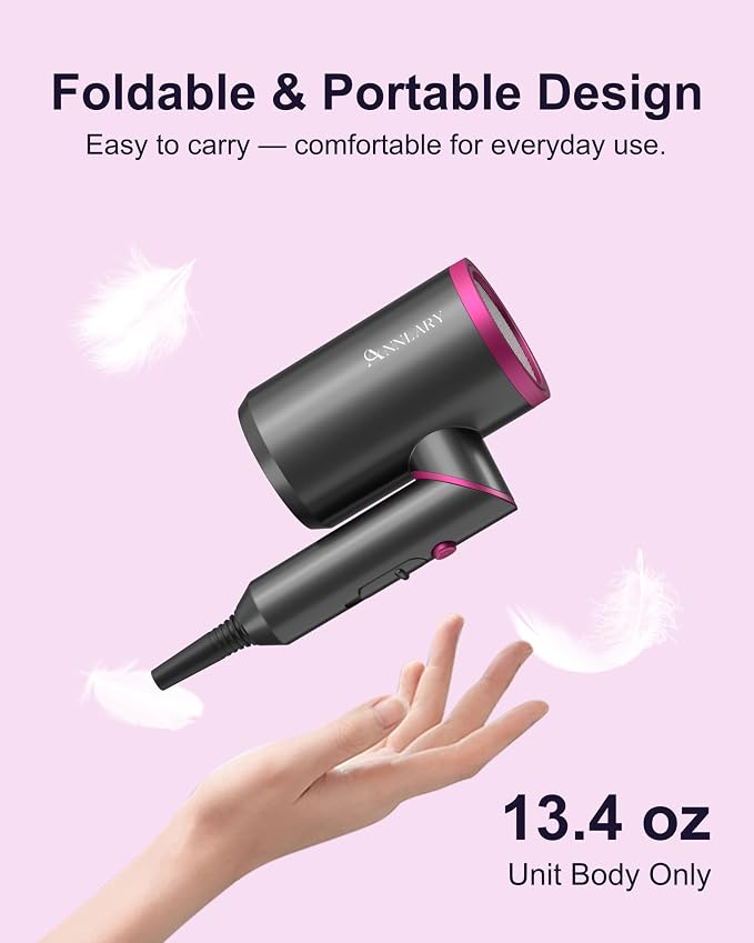 ANNLARY Hair Dryer with Comb | 1800W Blow Dryer with Diffuser for Curly Hair | Plasma Ionic Hairdryer for Frizz Control | Foldable & Protable Design for Travel | 6.5 ft ALCI Cord for Women and Men