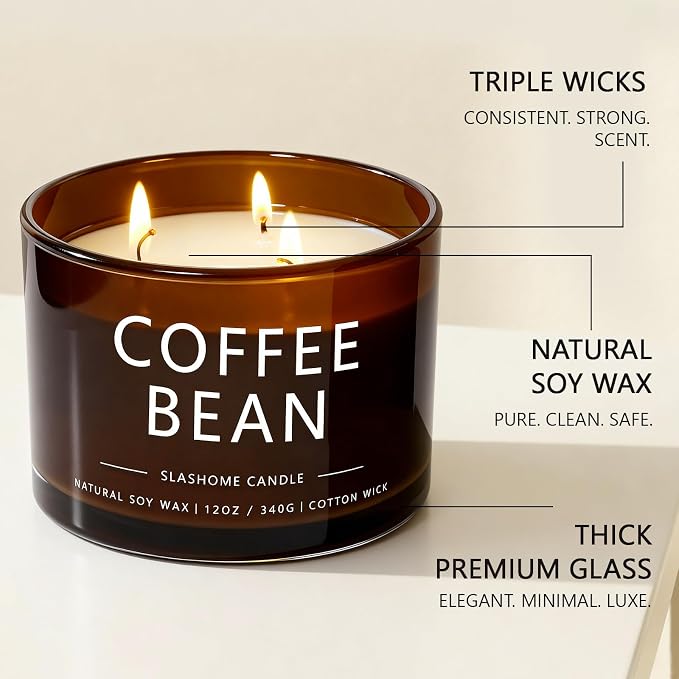Coffee Bean Scented Candle, Luxury Large 3 Wick Soy Candle 12 Oz, 60+ Hour Long Lasting Clean Burn, Elegant Aromatherapy Home Decor, Housewarming & Birthday Gift for Men & Women