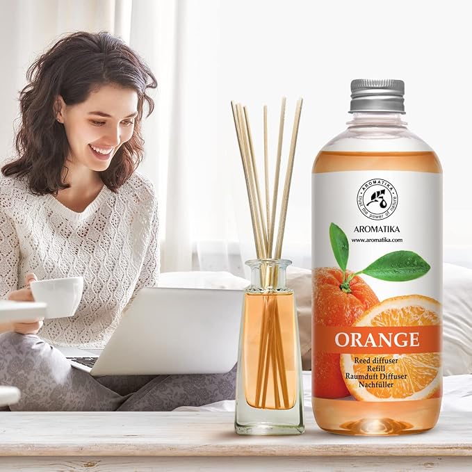 AROMATIKA Orange Reed Diffuser Refill 17 Fl Oz (500ml) - Room Fragrance Diffuser with Natural Essential Orange Oil - Best for Aromatherapy - Home - Kitchen - Office