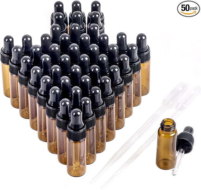 Sample Dropper Bottles, Mini Dropper Bottles with 2 Pcs Plastic Droppers for Traveling Essential Oils DIY Cosmetic Liquid Sample Perfume (Amber, 5ML)