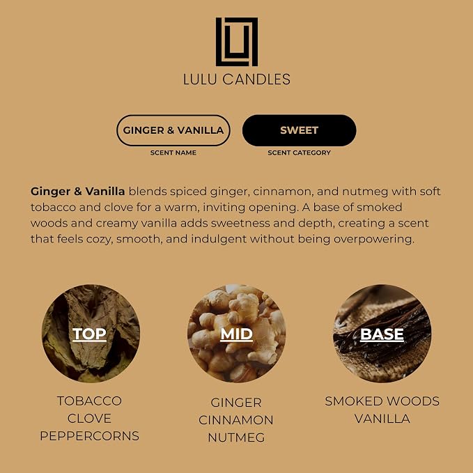 Lulu Candles | Ginger & Vanilla | Smells Sweet & Spicy | Luxury Scented Soy Jar Candle | Hand Poured in The USA | Highly Scented Long Lasting (9 Oz.)