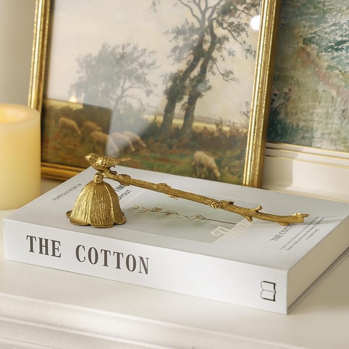 NIKKY HOME Gold Floral Candle Snuffer with Long Handle, Vintage Elegant Candle Extinguisher with Bird, Decorative Metal Wick Flame Snuffer Candle Accessory