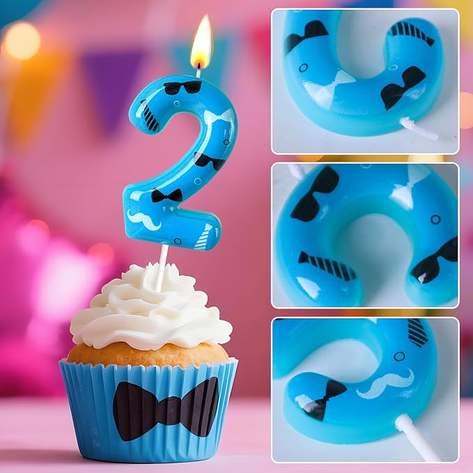 Number 2 Birthday Candle for Cake – Blue Gentleman Style with Sunglasses, Bow Tie & Mustache Design – Cool Cake Topper for Birthday Party Decoration
