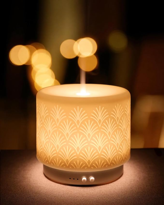 Essential Oil Diffuser - 280ml Ceramic Diffuser for Large Room & Commercial Use, 2.4MHz Aromatherapy Diffuser with Cool Mist Humidifier & Night Light, Ideal for Bedroom, Office, Yoga, Spa, Gifts