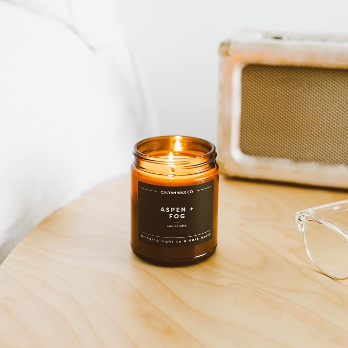 Calyan Wax Co. Aspen & Fog Scented Candle - 57 Hour Burn - Luxury Clean Soy Wax Candles - Long Lasting Amber Glass Jar Candle for Home - 7.2oz