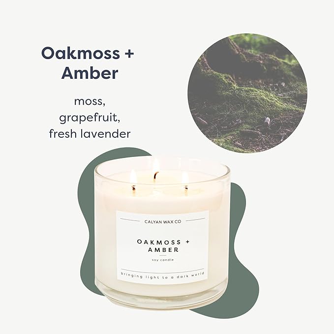 Calyan Wax Co. Oakmoss & Amber 3 Wick Scented Candle - 43 Hour Burn - Luxury 3 Wick Soy Candles - Clean Soy Wax Candles - Long Lasting Large Glass Jar Candle for Home - 14.9oz