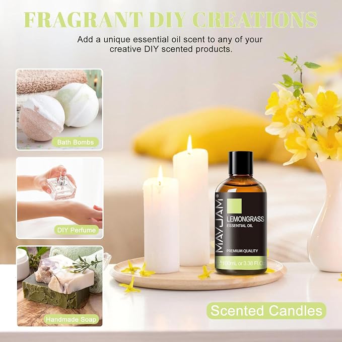 Lemongrass Essential Oil, 3.38fl.oz, MAYJAM Premium Essential Oils with Glass Dropper, Lemongrass Oil for Diffuser, Aromatherapy