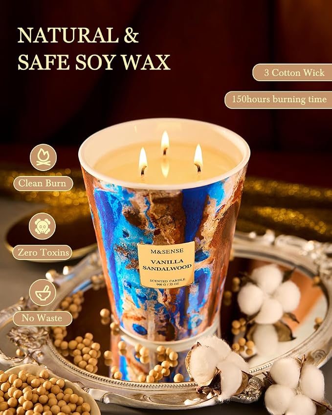 M&SENSE Soy Vanilla Sandalwood Scented Candle, Large, 35oz | 150 Hours, 3-Wick, Non-Toxic, Warm Cozy Housewarming Gift Home Relaxation