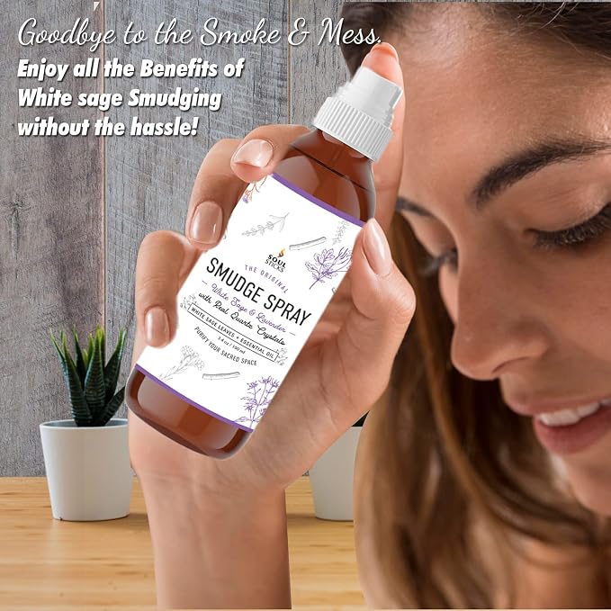 SOUL STICKS White Sage & Lavender Smudge Spray – 3.5oz Smokeless Mist with Quartz Crystals – Calming Essential Oil Spray for Sleep, Stress Relief, Meditation, and Energy Cleansing