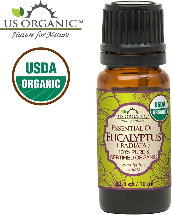 US Organic 100% Pure Eucalyptus Essential Oil (Radiata) - USDA Certified Organic, Steam Distilled - W/Euro droppers (More Size Variations Available) (10 ml / .33 fl oz)