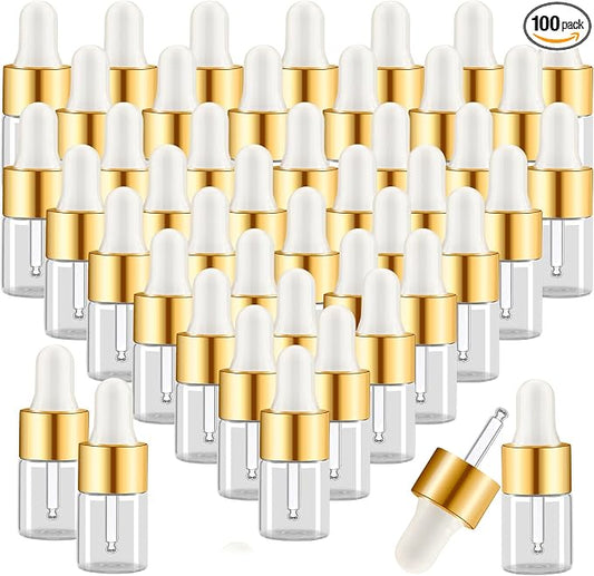 100 Pcs Sample Dropper Bottles,1ml Clear Glass Dropper Bottles,Clear Essential Small Empty Bottle for Cosmetic Liquid Perfume,Empty Travel Sample Vials with Gold Cap(1 ml,Gold)