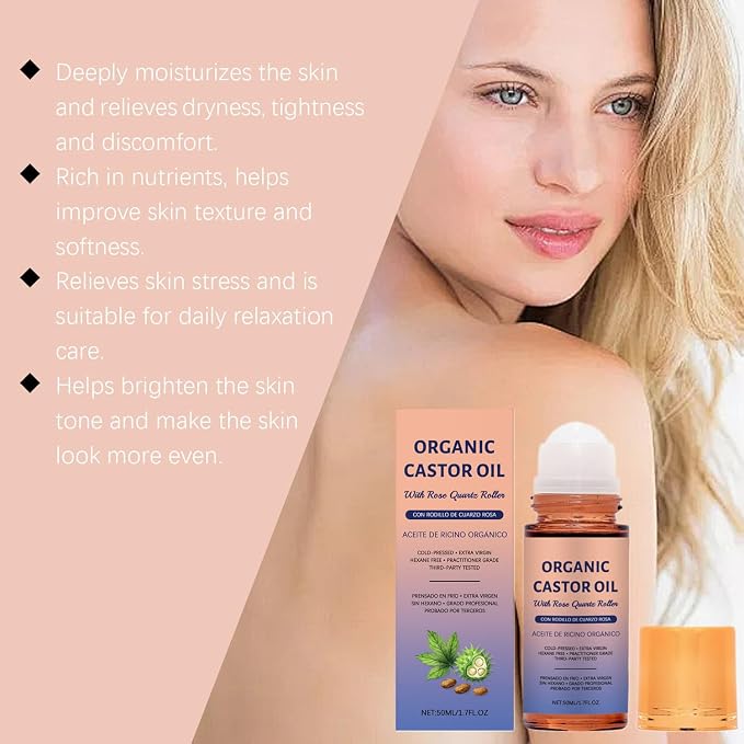 2PC Organic Castor Oil Roll On with Rose Quartz Roller, 100% Pure Cold-Pressed Castor Oil Rose Quartz Roller Ball for Hair Growth, Eyelashes & Eyebrows, Moisturizes Skin, Hexane-Free(50ml)