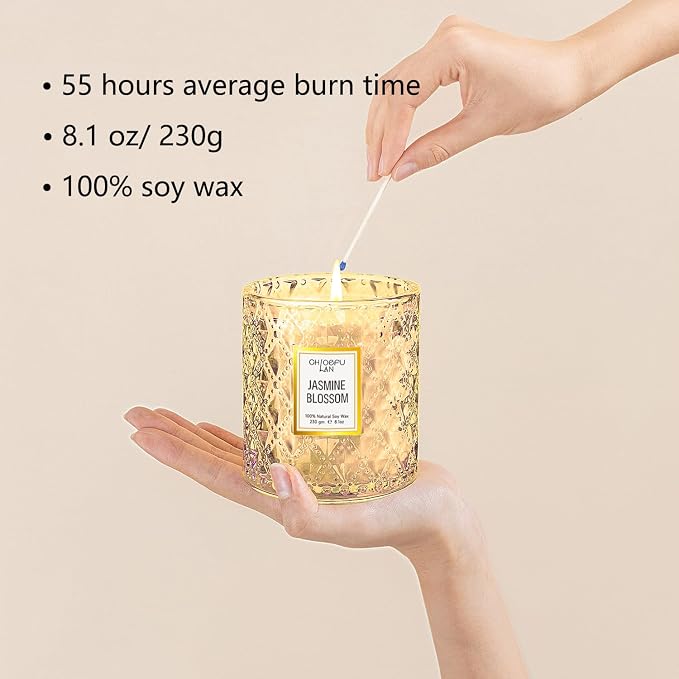 Jasmine Blossom Scented Candle, Luxury Soy Candles, 55 Hours Slow Burning, Non Toxic, Gift-Ready for Hosts & Gatherings, Farmhouses Home Decor, Long Lasting for Bath & Office, 8.1oz