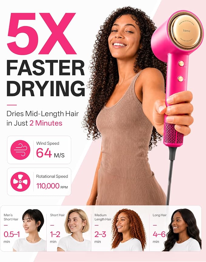 Tideway Hair Dryer Professional High-Speed Ionic Blow Dryer 110,000 RPM, Compact Hair Dryer with Magnetic Diffuser, Fast Drying with Brushless Motor Low Noise Smart Temperature Control-H11