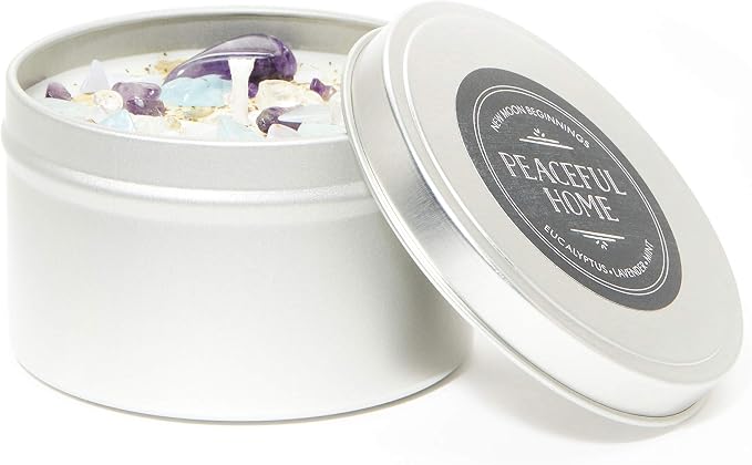 Peaceful Home® Candle by New Moon Beginnings - Stress Relief Candle - Energy clearing - All Natural Essential Oil Soy Candle - Crystal Candles (Peaceful Home, 8oz Tin)